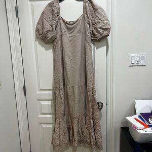 Three Bird Nest Tan Puff Sleeve Maxi Dress